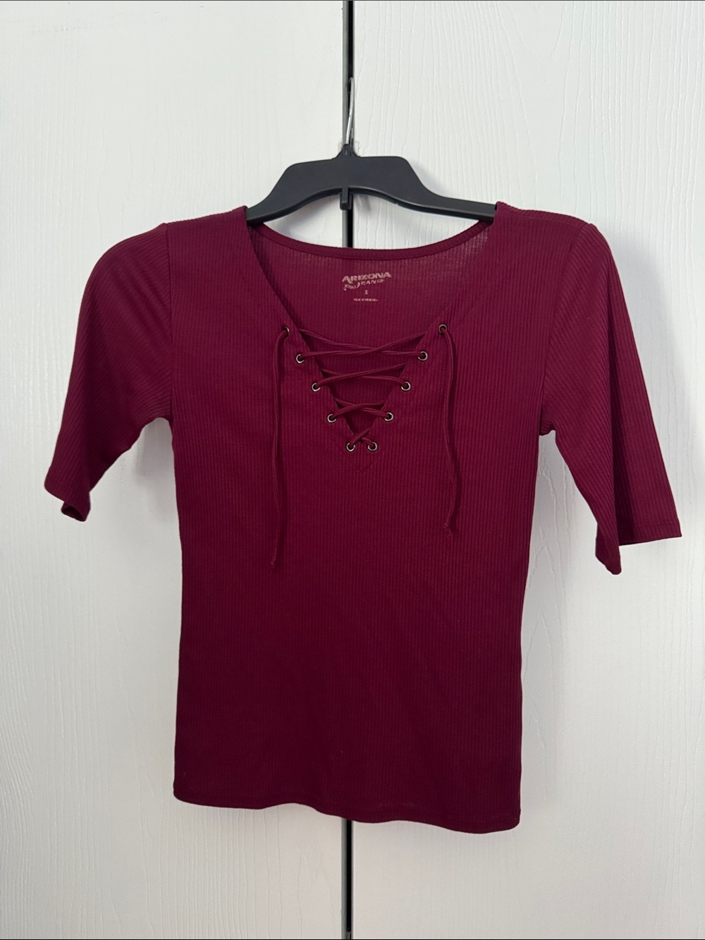 Arizona Jean Company Lace-Up Ribbed Short Sleeve Top in Burgundy